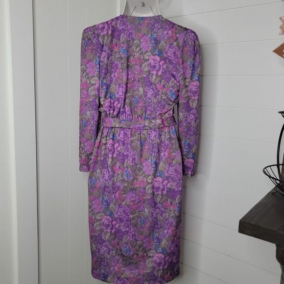 Peri Petites Vintage Button Up Belted Dress ~ Sz 6 ~ Purple ~ Midi ~ Long Sleeve - Picture 5 of 7